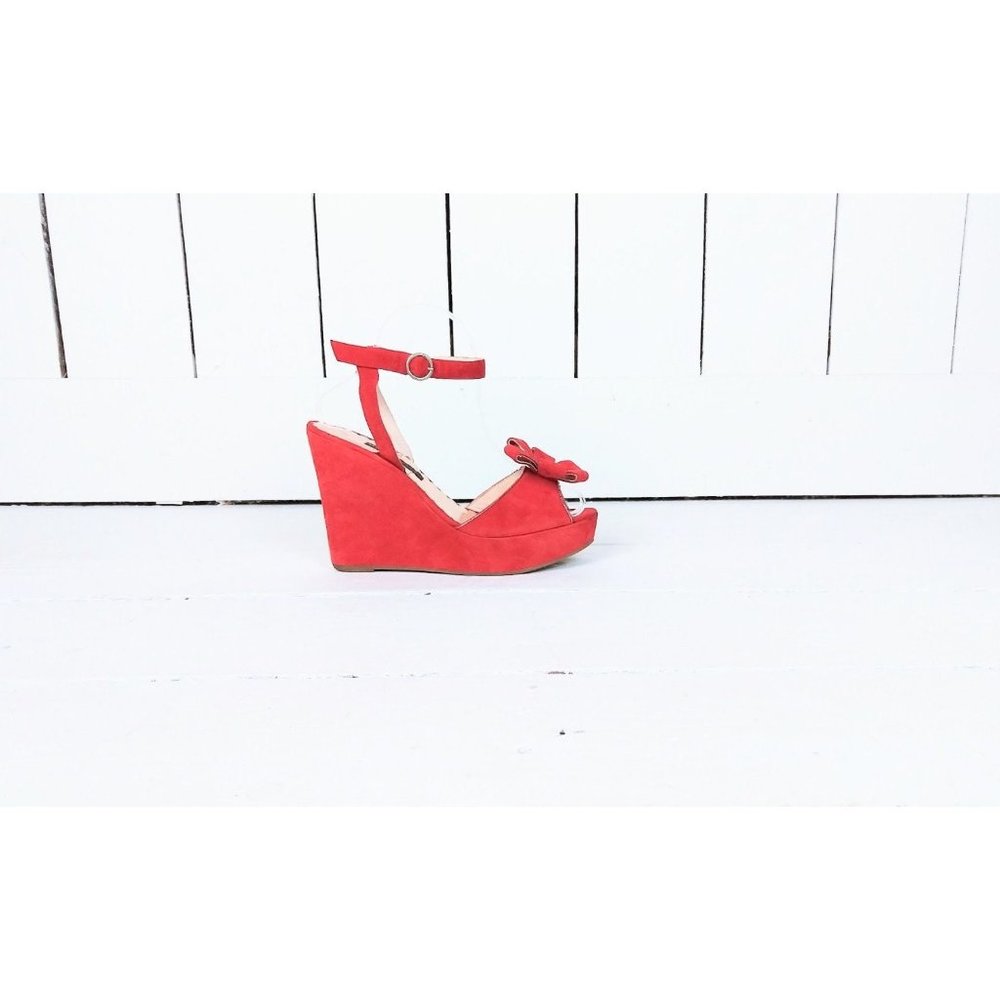 Red suede leather open toe platform wedge flower petal sandals